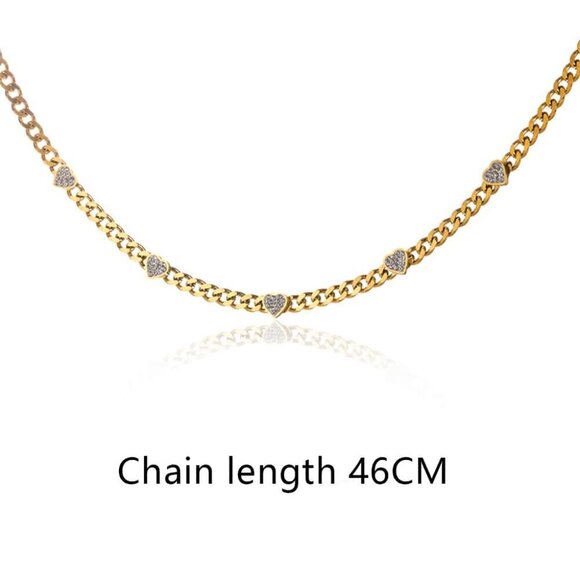 Yellow Gold Casual Women's Engraved Heart & Rhinestone Steel Chain Necklace - Picture 6 of 6